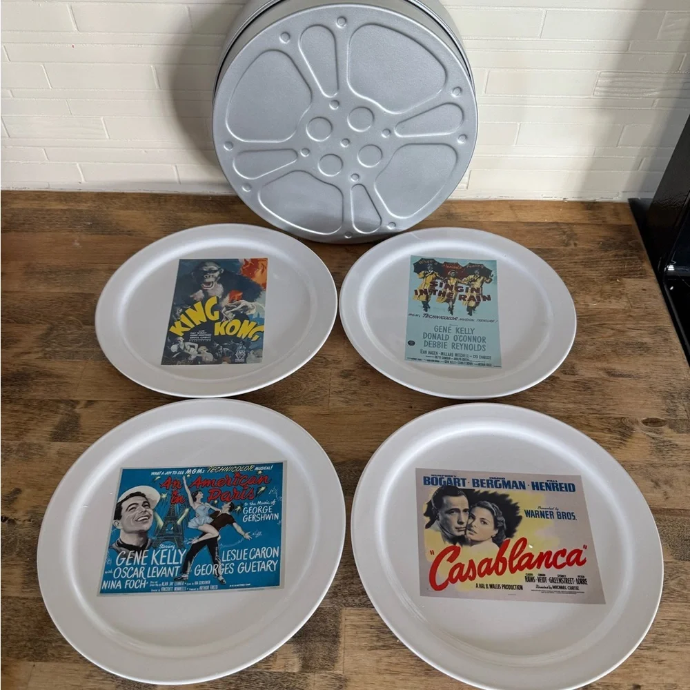 Pottery Barn White Decorative Film Reel Plate Set with Vintage Poster Motifs